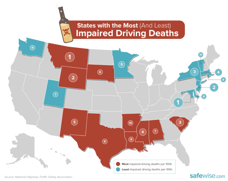 us map showing states with the most and fewest impaired driving deaths