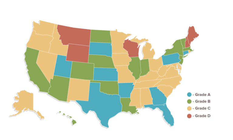 US map showing grade for internet safety laws