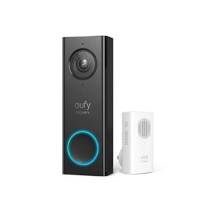 black eufy video doorbell and white chime