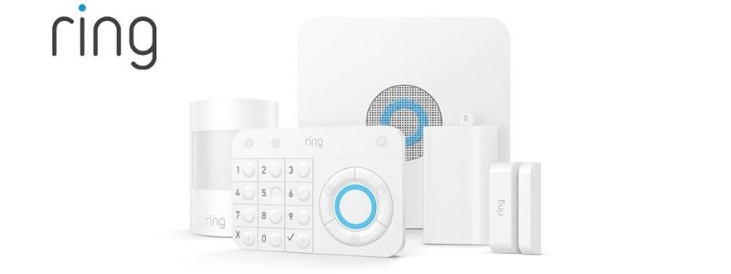 Shows a sample Ring Alarm home security system package: a keypad, contact sensor, motion sensor, base station, and range extender.