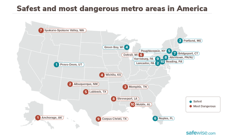 map showing the 10 most dangerous and 10 safest metro areas in America