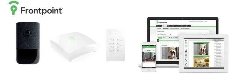 Shows a line-up of equipment found in a Frontpoint home security system: premium indoor camera, system hub, keypad, and dashboard views on the mobile app, desktop portal, and touchscreen panel.