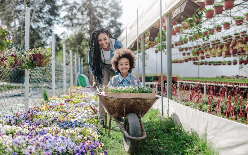 mother and daughter shopping for garden supplies