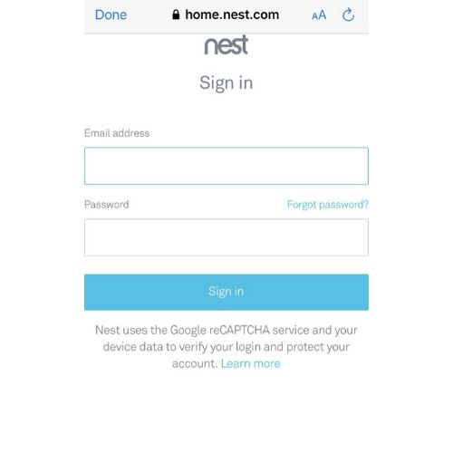 Nest App login screen