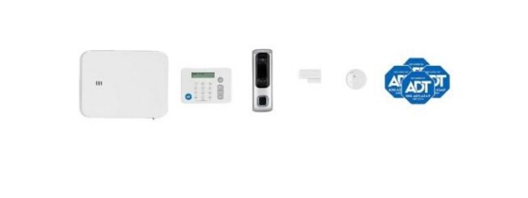 image of products that come in the ADT self setup system, including window stickers, video doorbell, keypad, sensors, etc.