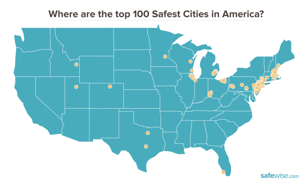 US map indicating the locations of the 100 safest cities in America, the biggest cluster is in the northeast with just a few cities in the west and south and none on the west coast