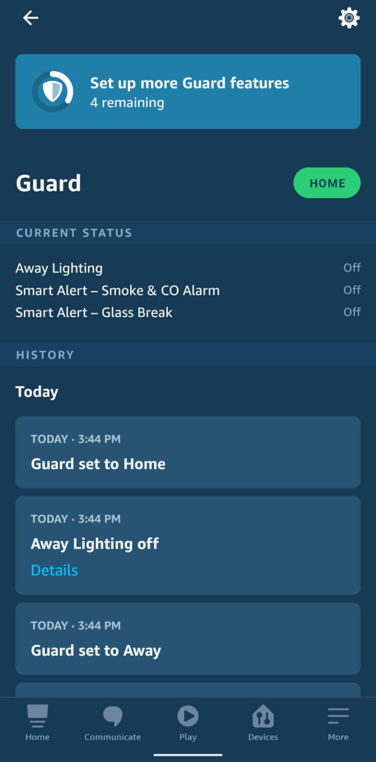 Alexa Guard menu in Alexa app
