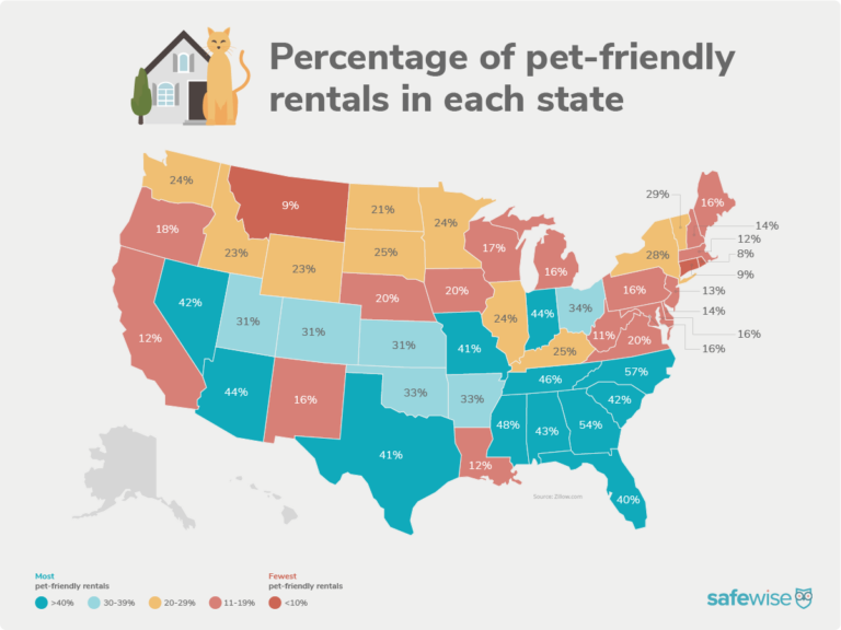 Map graphic showing the percentage of pet-friendly rental properties/apartments in each state in 2022