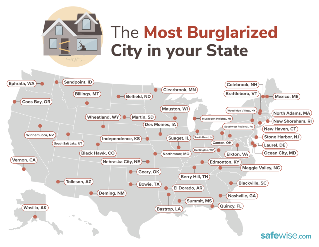 United states map displaying each state's city with the highest burglary rate