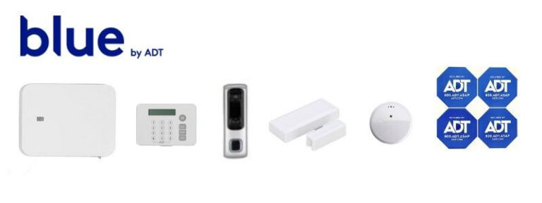 Shows a line-up of sample equipment found in a Blue by ADT home security system: base station, keypad, video doorbell, contact sensor, smoke alarm, and four yard signs.