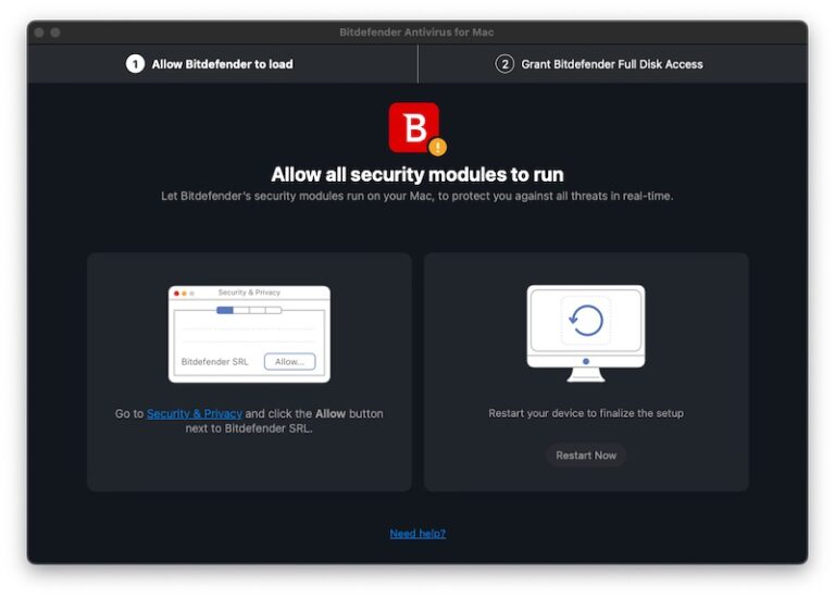 Granting security permissions during Bitdefender Mac installation