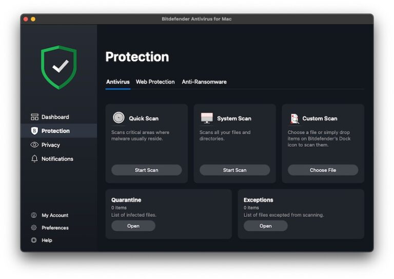 Protection tab on Bitdefender antivirus on Mac