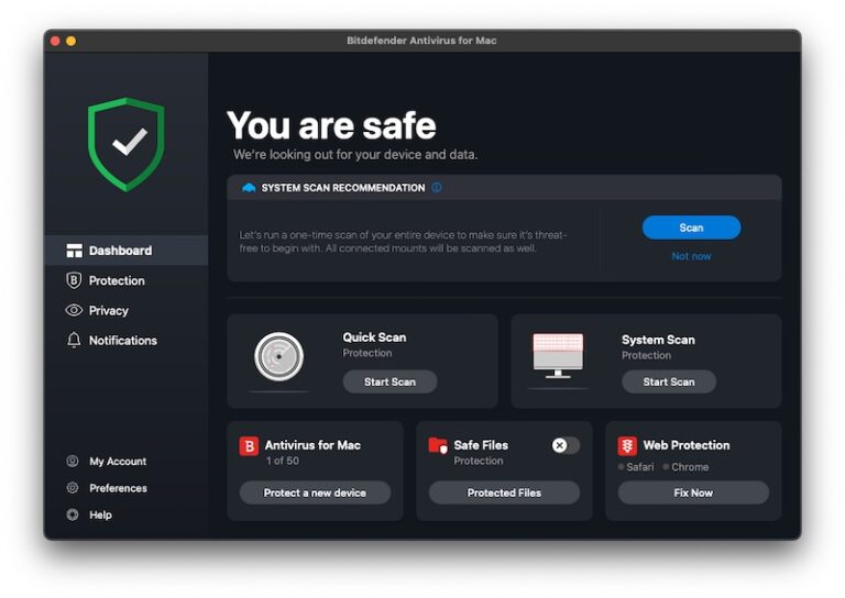 Dashboard on Bitdefender antivirus on Mac