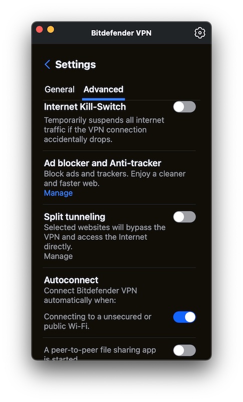 Bitdefender VPN's advanced settings menu
