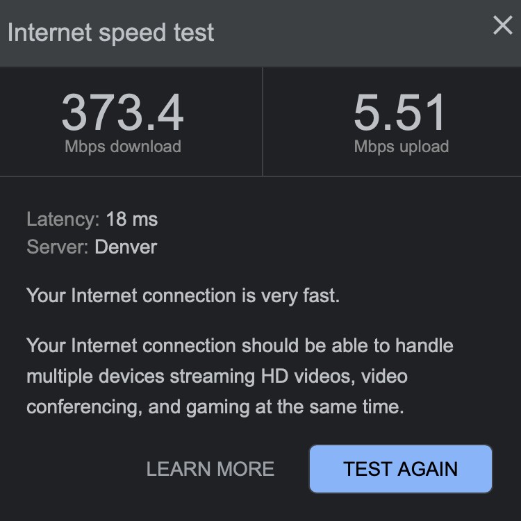 Example of Safari browser internet speeds from our ExpressVPN testing