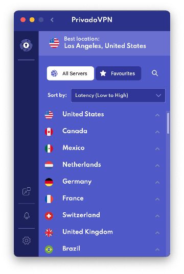 Privado VPN free countries in the Mac app
