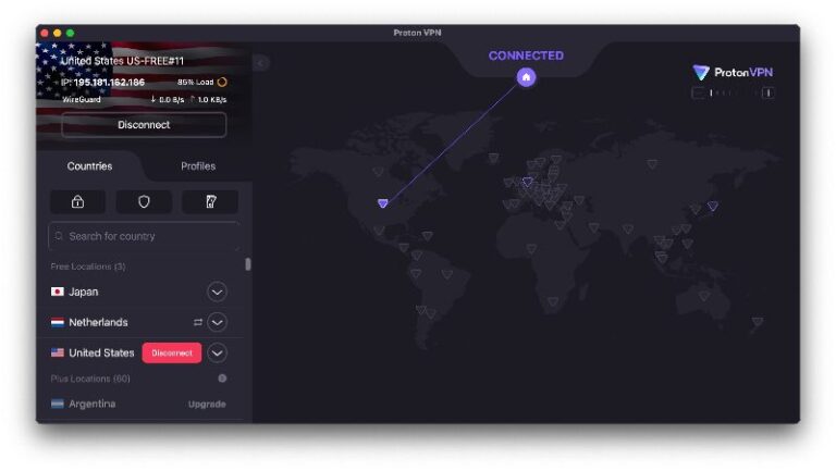 Proton VPN free server map locations in the Mac app