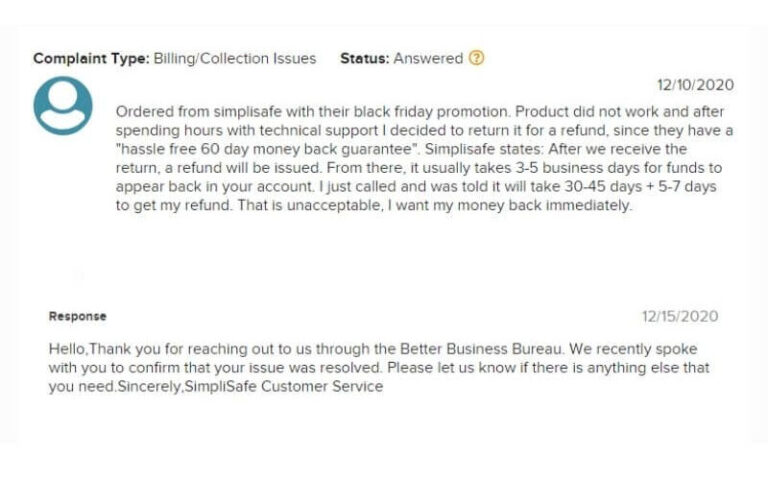 SimpliSafe Customer Complaint Screenshot