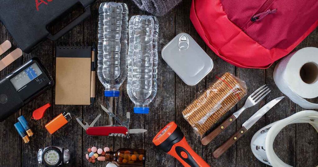 emergency kit with water flashlight and other items