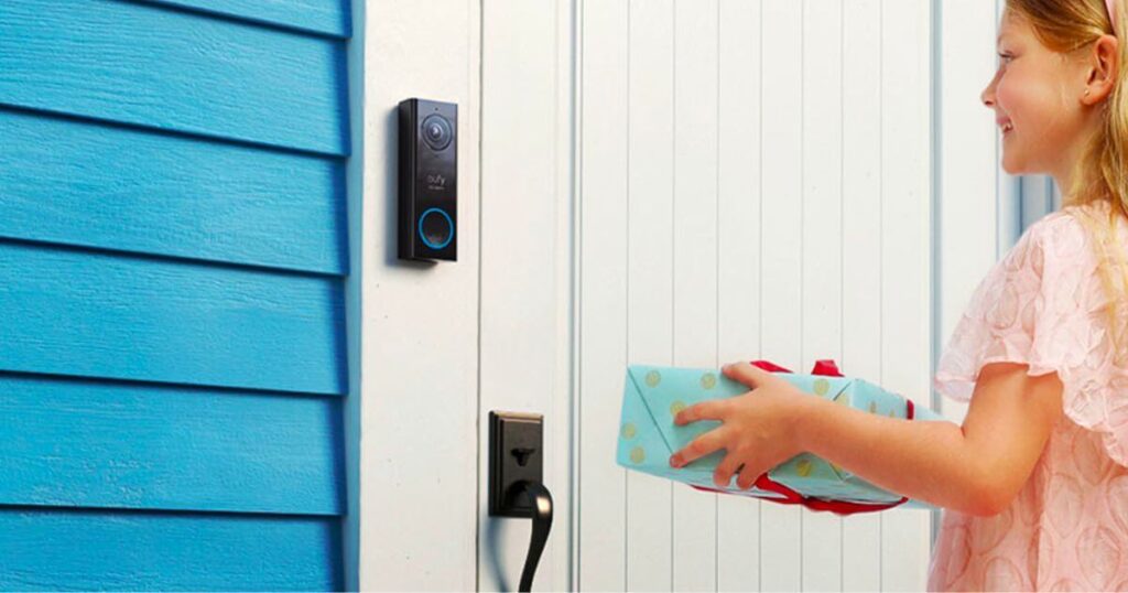 girl at front door with Eufy doorbell