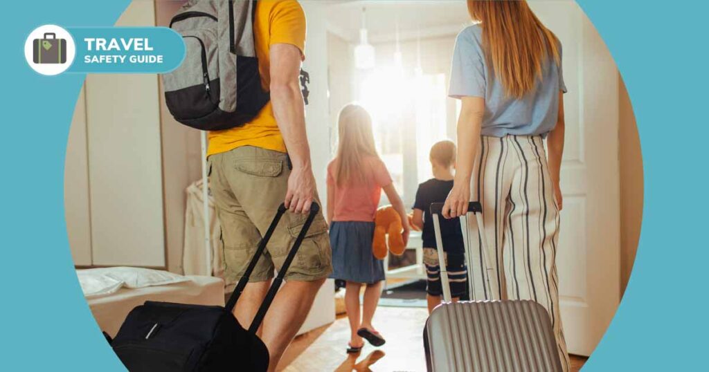 family preparing to leave house for vacation with suitcases