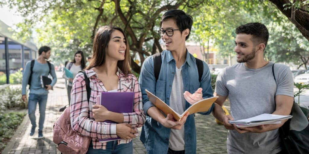 college students walking together on campus