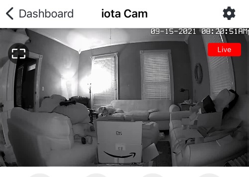 A screenshot of the Abode Iota Cam in live mode, overlooking home security and safety expert Cathy Habas' living room during testing.