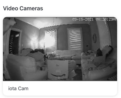 A screenshot of the Abode Iota Cam in preview mode, overlooking home security and safety expert Cathy Habas' living room during testing.