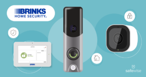 Brinks logo, security hub, video doorbell and security camera