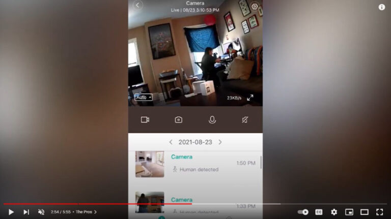 Shows a screenshot of the Cove app, including live camera footage and motion detection notifications.