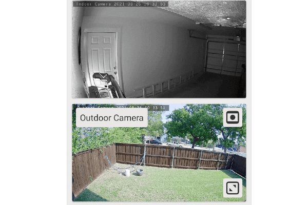 Shows video footage from Frontpoint security cameras: an indoor camera with night vision activated, and an outdoor camera overlooking a backyard on a sunny day.