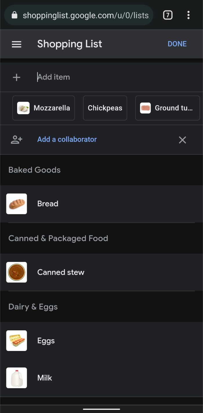 Google Assistant shopping list