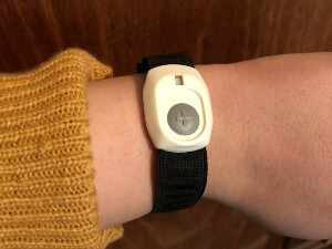 Family safety expert Cathy Habas wears the Bay Alarm Medical wristband help button during testing.