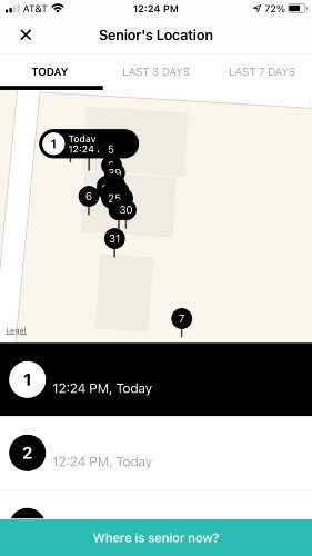 A screenshot of the Bay Alarm Mobile GPS button's location tracking app.