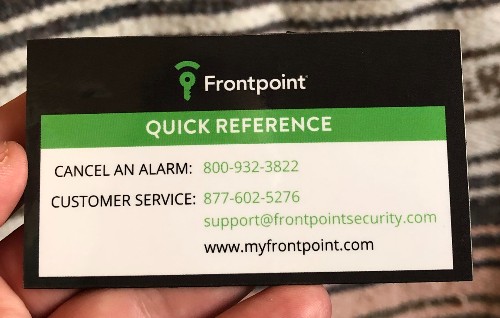 Each Frontpoint system comes with a fridge magnet with important phone numbers on it, including the number to call to cancel an alarm.