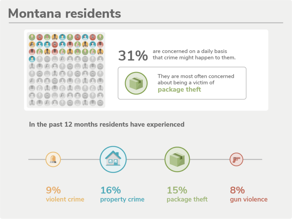 Pictogram showing the percentage of state residents that are concerned about their safety on a daily basis, as well as which type of crime they are concerned about the most, and which crimes they have experienced within the past 12 months. Crimes include violent crime, property crime, package theft and gun violence.