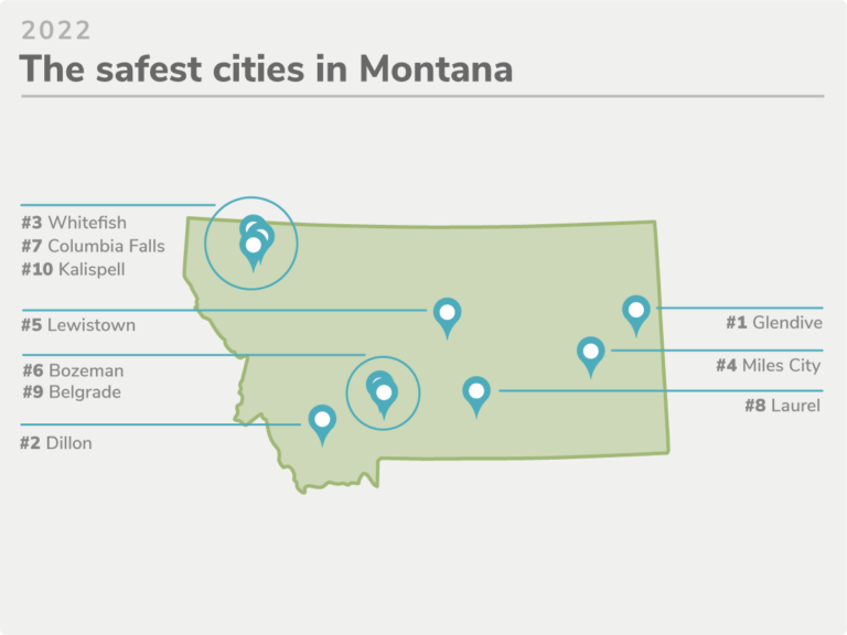 Map of state with markers and labels highlighting the cities with the lowest crime rates.