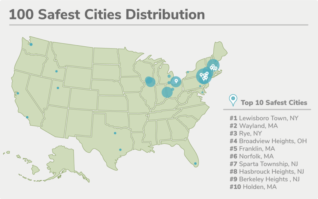 Map image of the locations of the 100 safest cities in the United States.