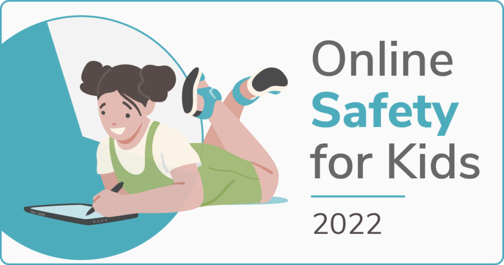 A graphic featuring the headline for the Online Safety for Kids article with a child using a tablet and a pie chart.