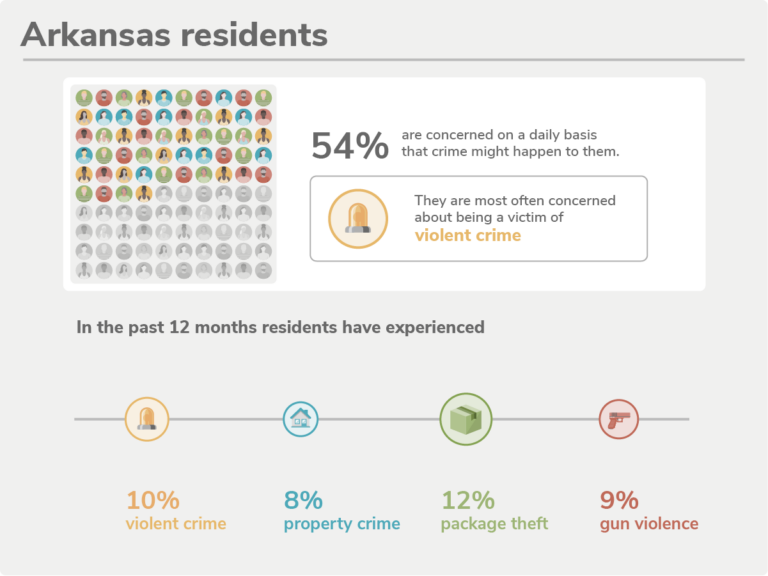 Pictogram showing the percentage of state residents that are concerned about their safety on a daily basis, as well as which type of crime they are concerned about the most, and which crimes they have experienced within the past 12 months. Crimes include violent crime, property crime, package theft and gun violence.
