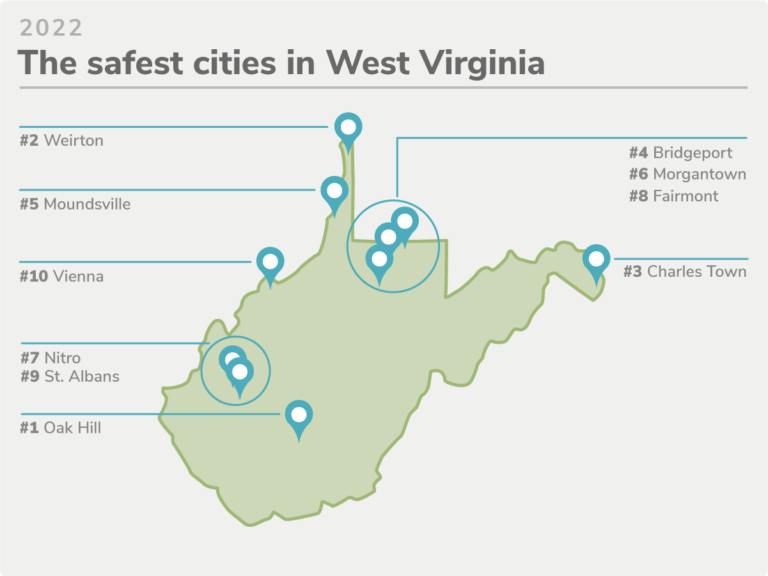 Map of state with markers and labels highlighting the cities with the lowest crime rates.