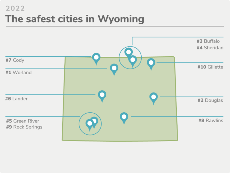 Map of state with markers and labels highlighting the cities with the lowest crime rates.