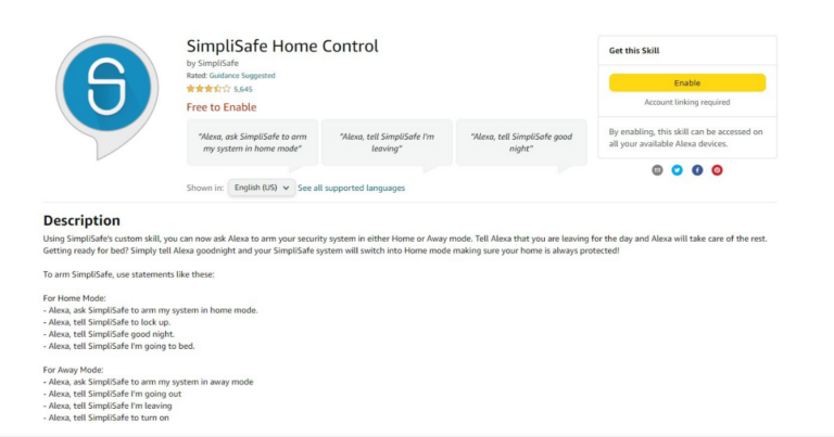 SimpliSafe Home Control skill on Amazon website