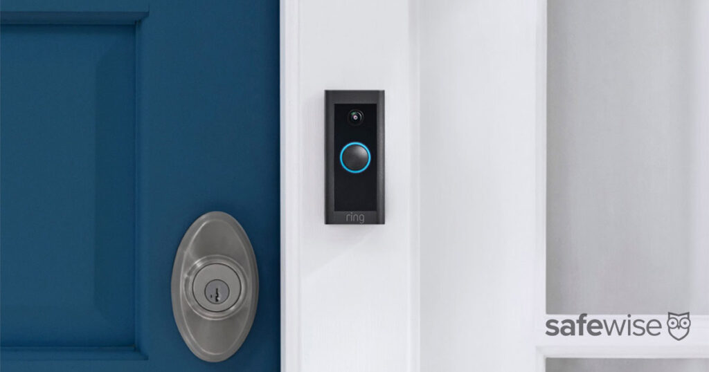 ring video doorbell next to blue door