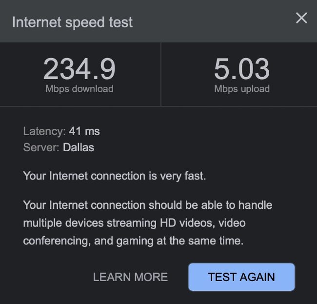 Free VPN speed test result