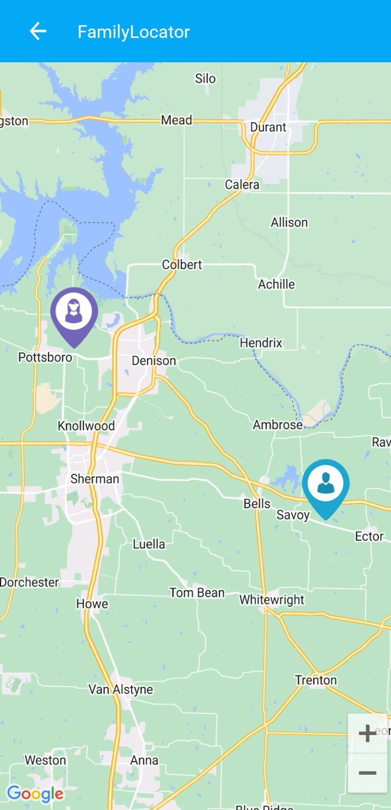 The family locator map with two family members icons on it.