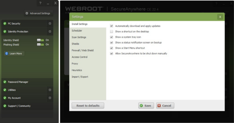 Webroot's dashboard has the options laid out in an easy to find layout.