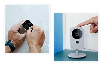 multiple images of people interacting with smart home items