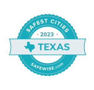 Texas' safest cities badge.