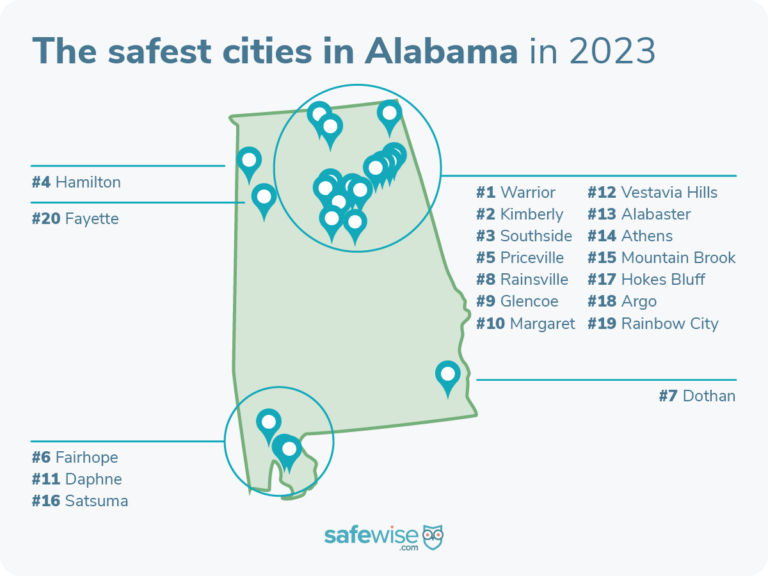 20 Safest cities in Alabama map